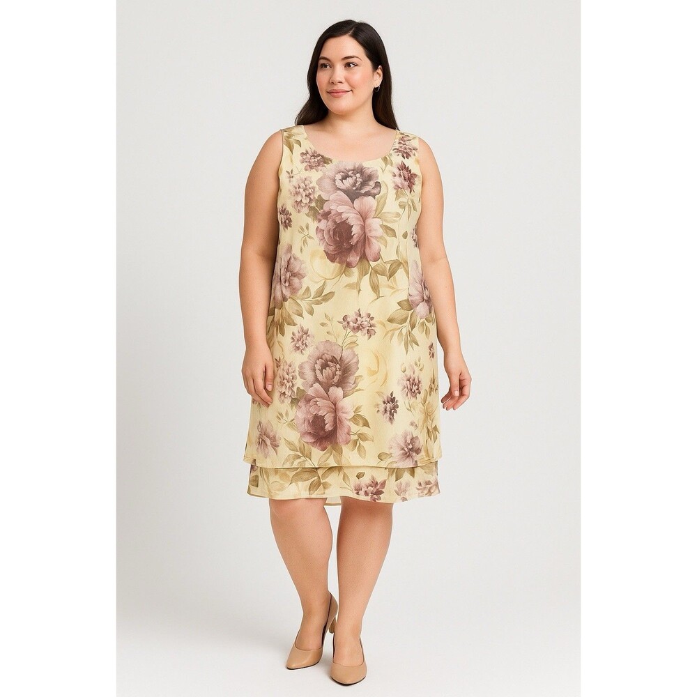 Vintage R&M Richards Sz 18 Sleeveless Floral Print Layered Shift Dress USA Made